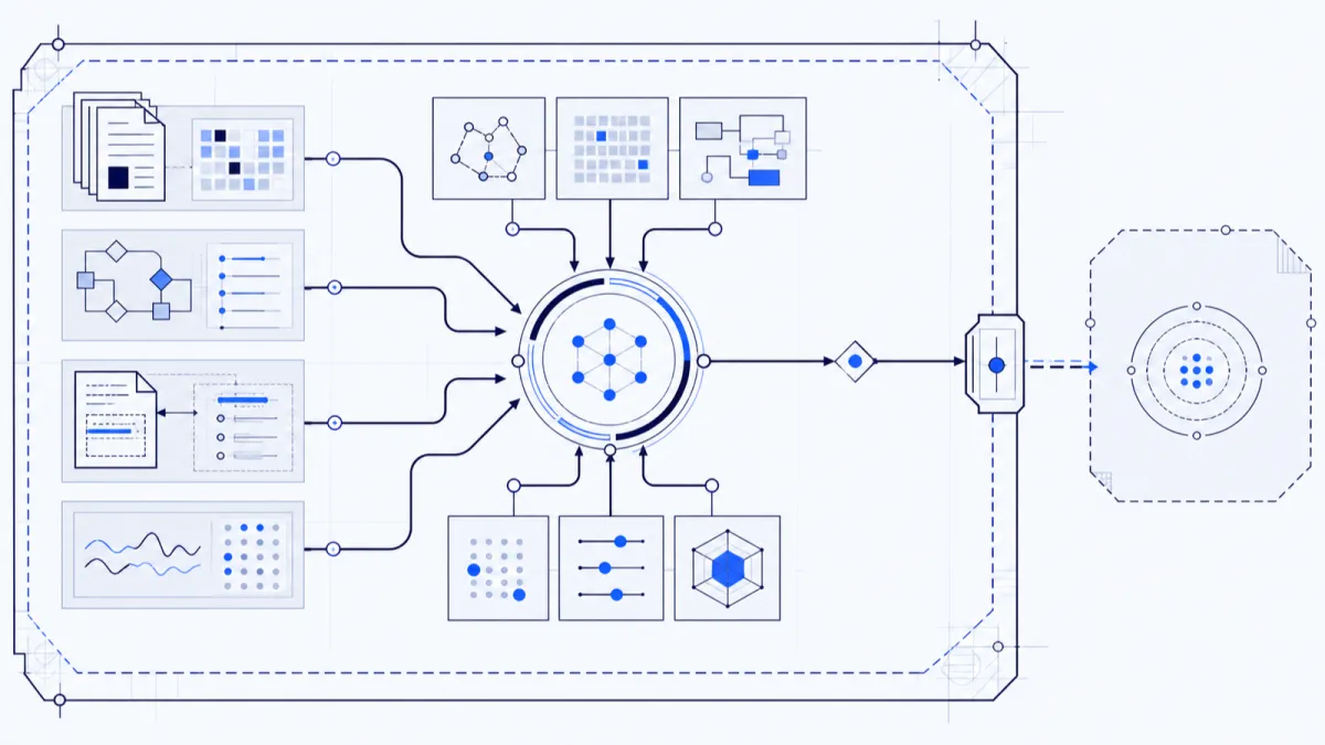 Diagrama de fluxos de conhecimento operacional que convergem em um agente de IA e passam por uma fronteira de confiança.